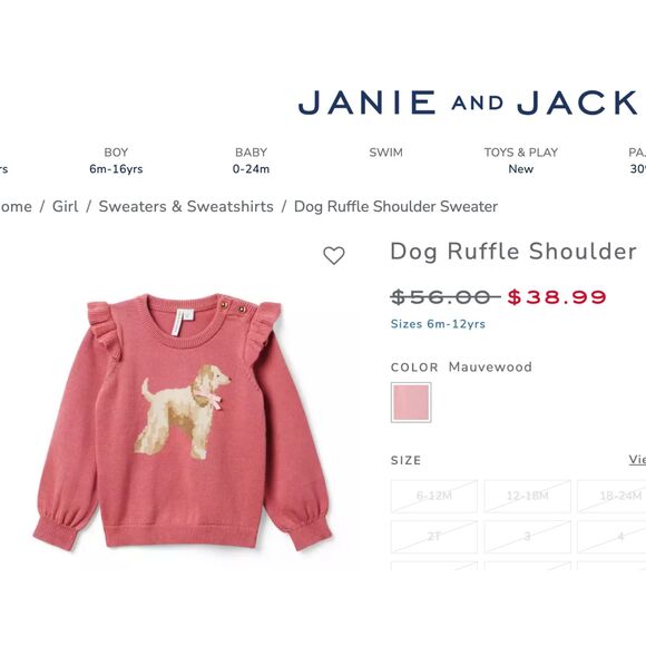~ JANIE and JACK 4 Dog Ruffle Shoulder Sweater*, Mauve Cotton Knit, Ribbed Cuff - Picture 2 of 16